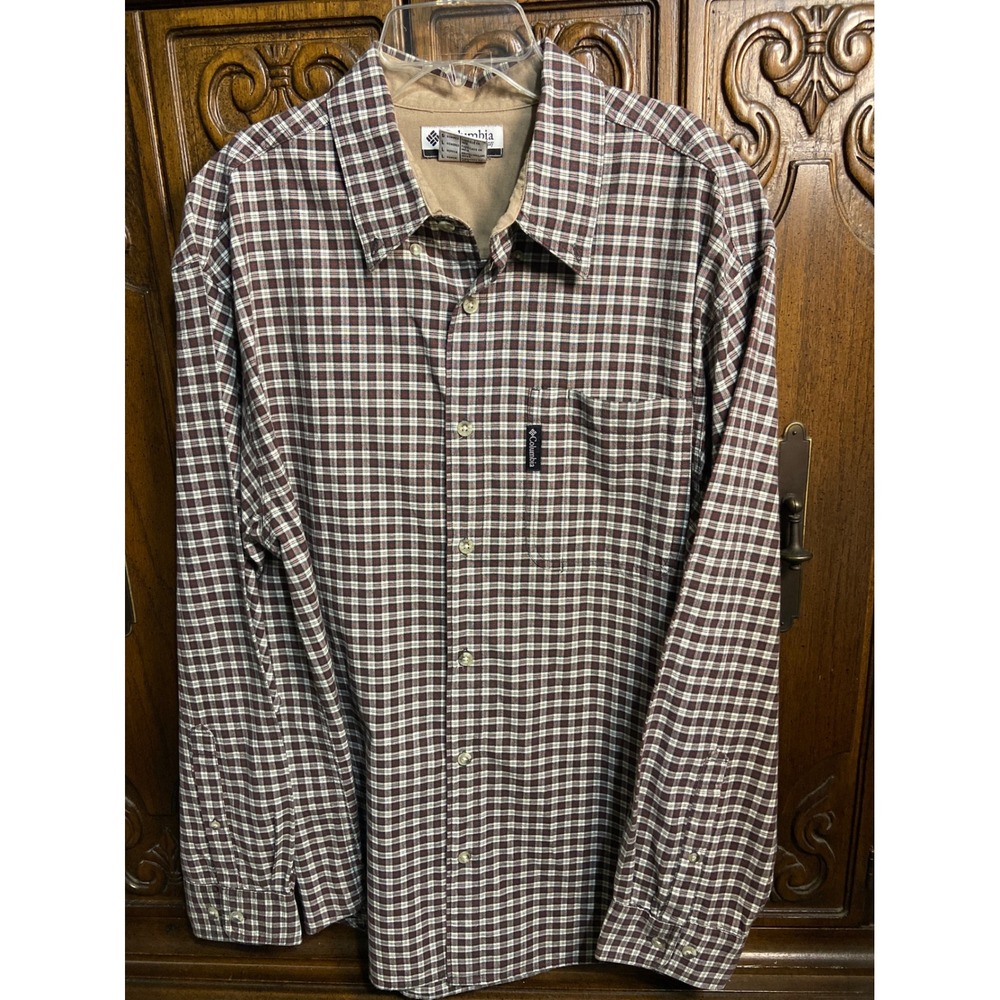 Columbia Sportswear Mens Large Plaid Button Down Shirt Brown Red White Large